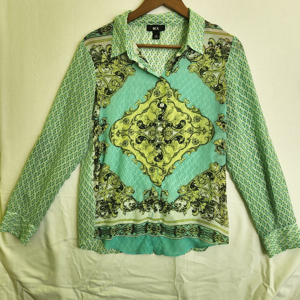 BCX Womens Teal Green Baroque Geometric Scarf Print Roll Tab Blouse Medium